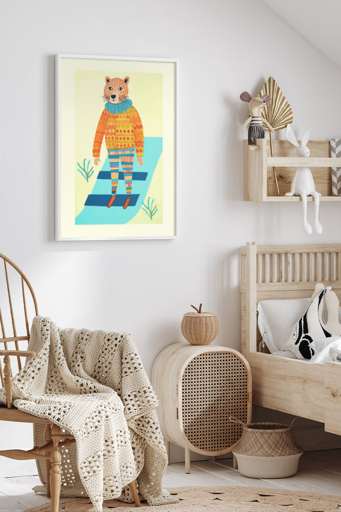 Colorful anthropomorphic cat character artwork poster in a modern interior