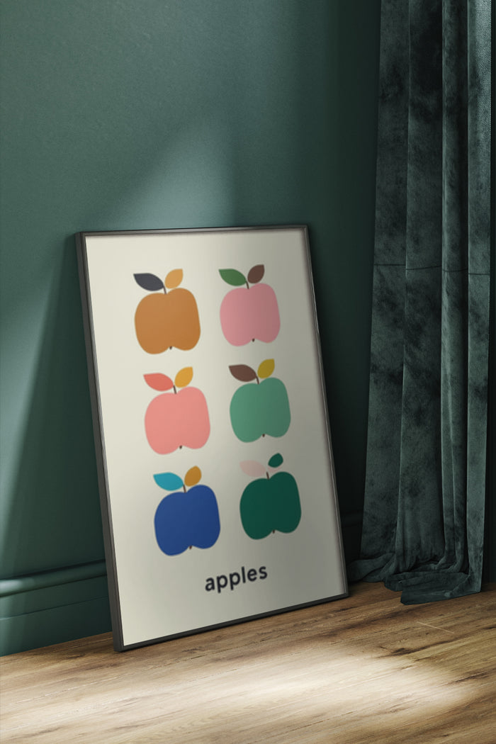 Colorful minimalist apple varieties poster in a modern interior
