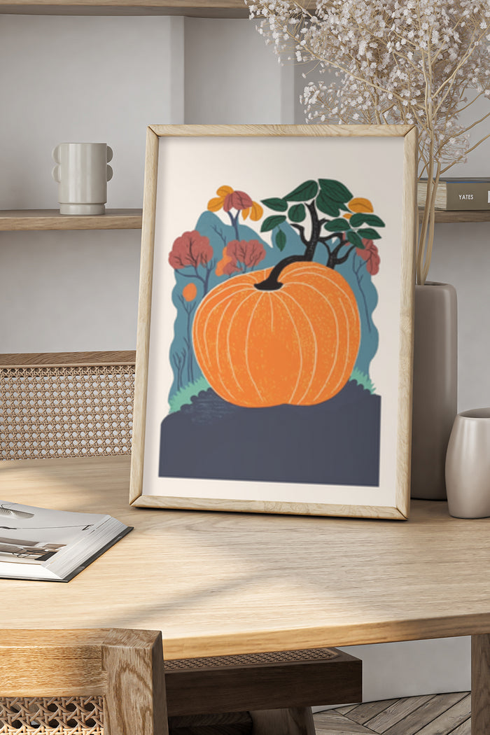 Stylish autumn inspired pumpkin and floral artwork in a contemporary interior setting