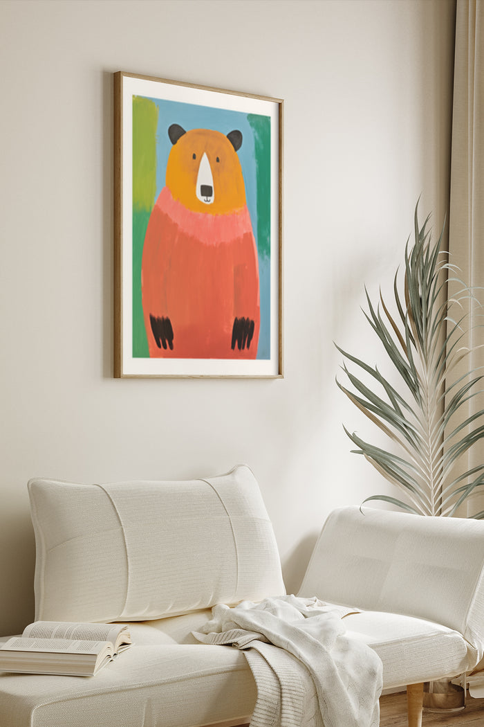 Abstract colorful bear illustration in modern home interior setting