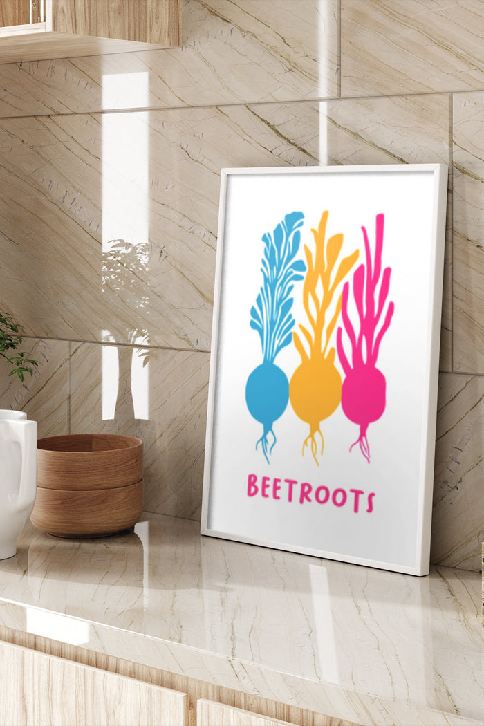 Colorful beetroot illustration poster displayed in a contemporary kitchen interior