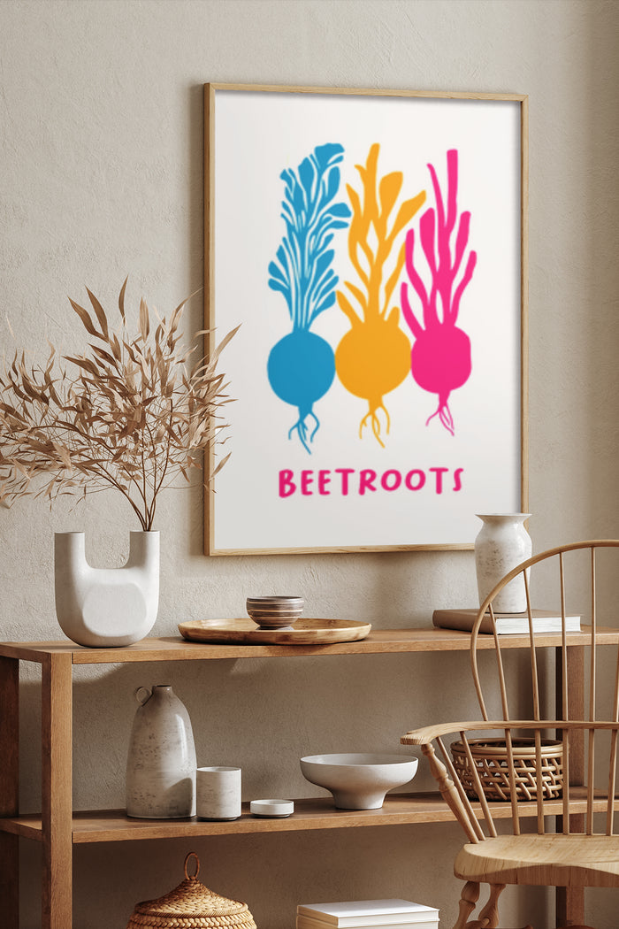 Modern kitchen interior with a framed colorful beetroot poster art, minimalist pottery and wooden furniture