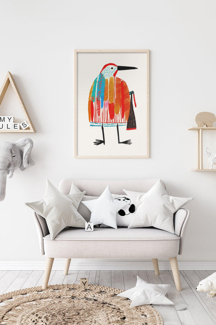 Colorful abstract bird art poster displayed in a modern minimalist living room
