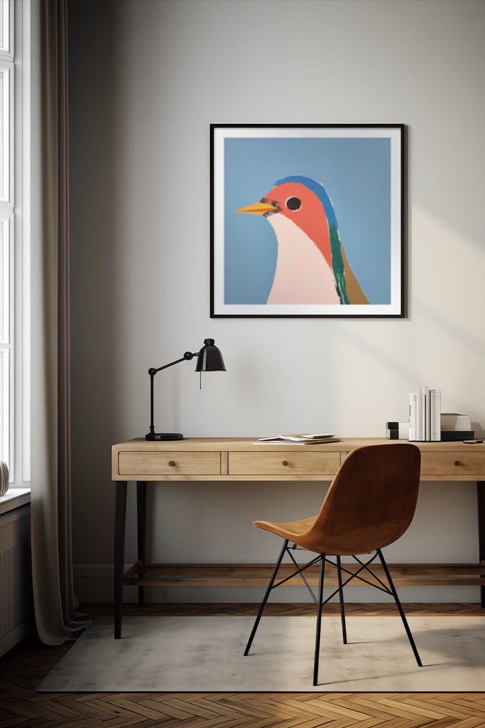 Colorful abstract bird artwork hanging on the wall of a contemporary office setting with a stylish wooden desk and black desk lamp