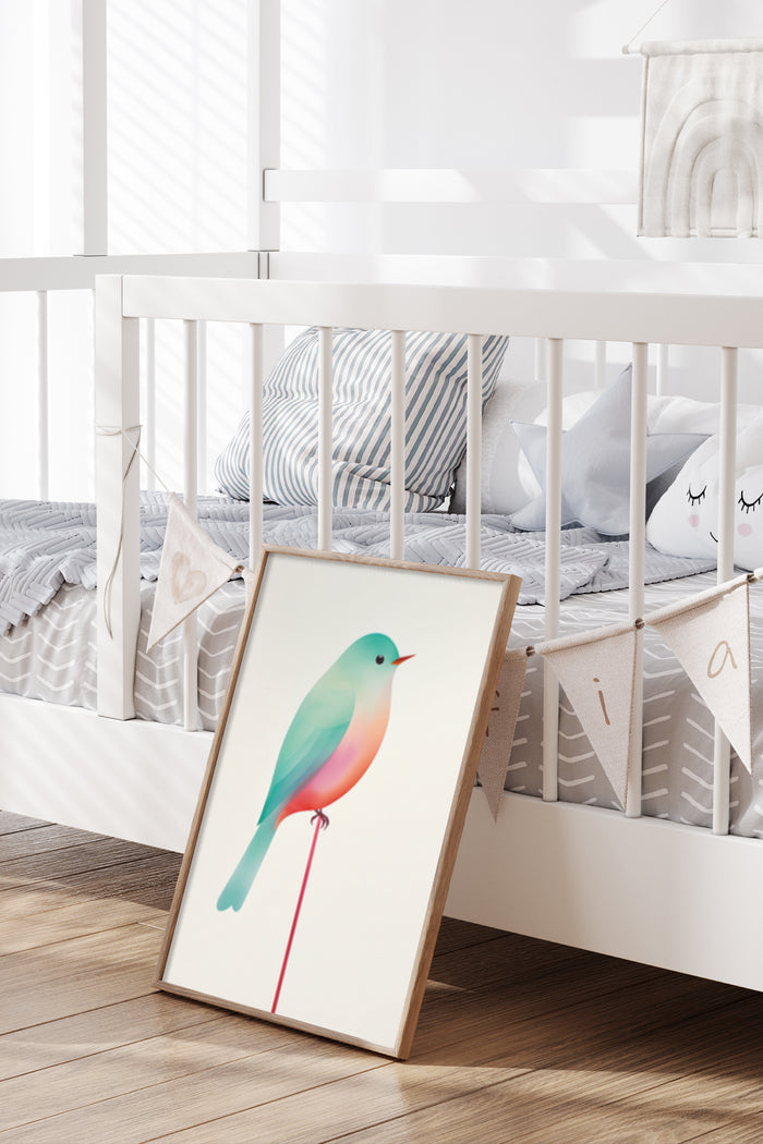 Colorful stylized bird poster standing in a trendy baby nursery room with neutral toned bedding