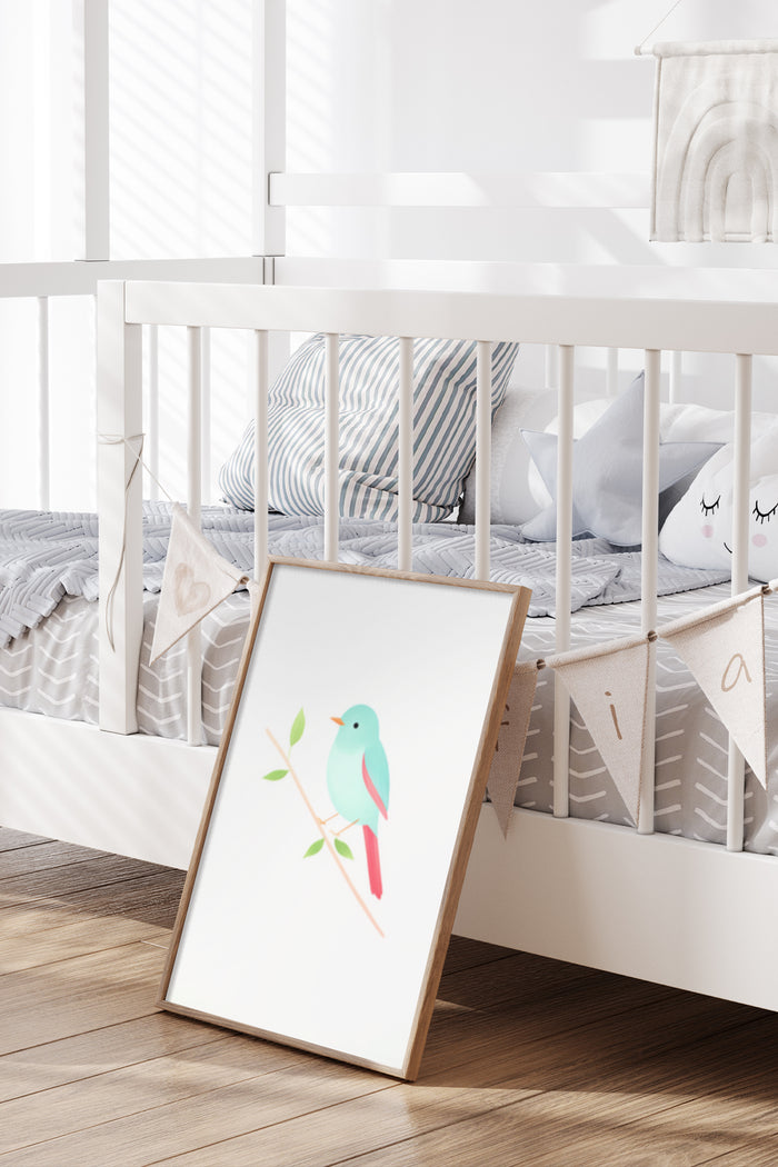 Colorful bird illustration poster leaning against a crib in a modern nursery room