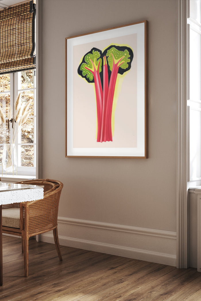 Stylized colorful broccoli illustration poster framed on a wall in a contemporary room setting