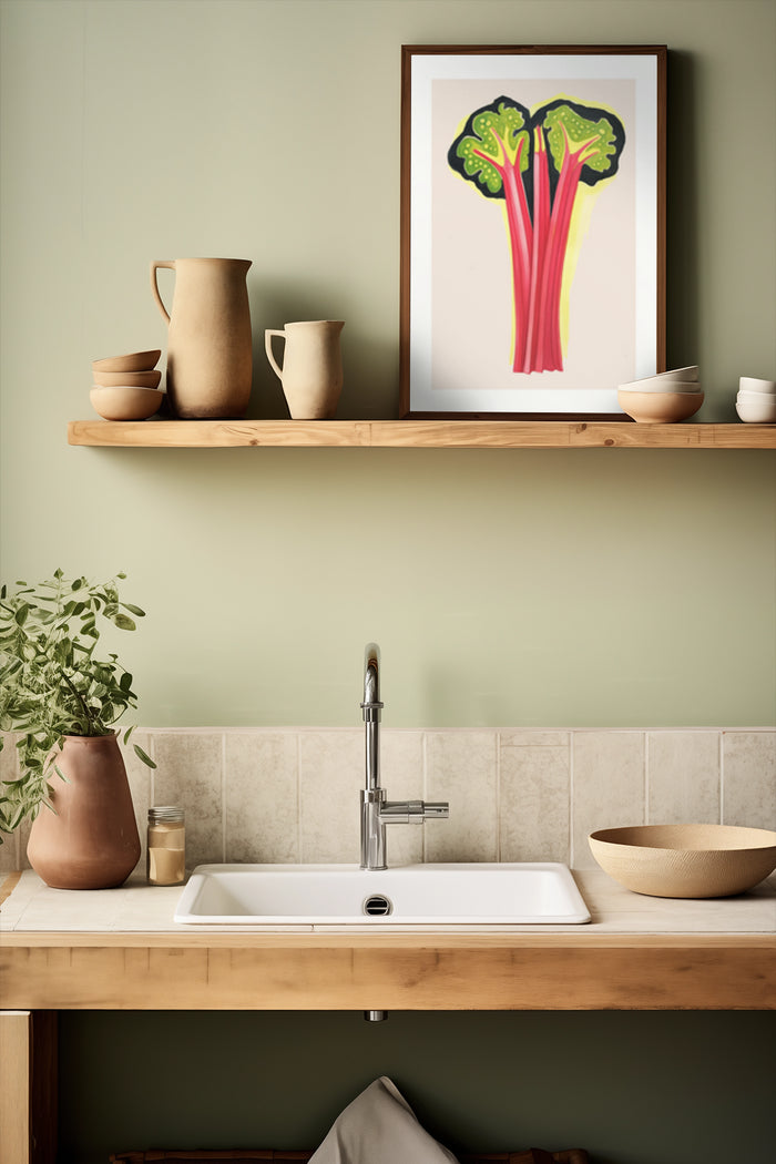 Modern kitchen with a colorful broccoli artwork poster on the wall