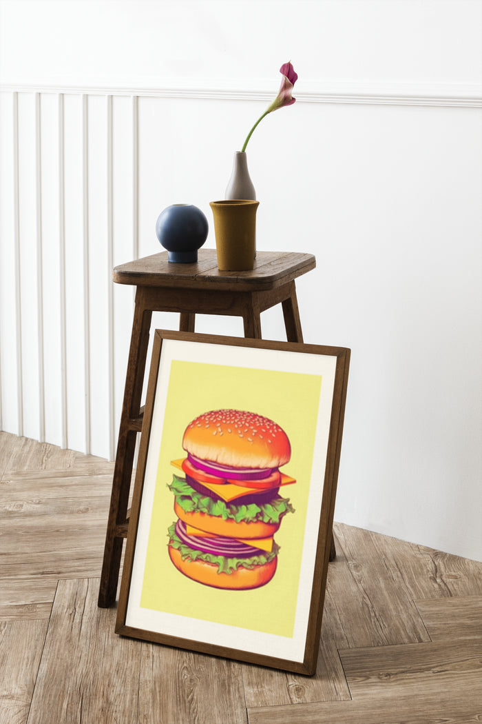 Illustrated colorful burger poster on an easel beside a rustic stool with a vase and flower