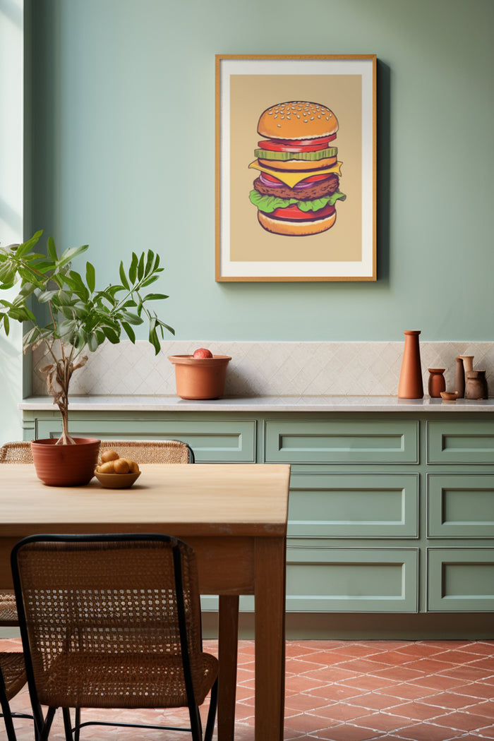 Colorful burger poster art in modern kitchen setting