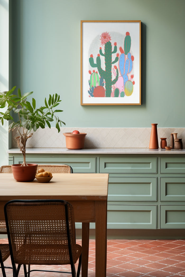 Colorful cactus poster art in a stylish modern kitchen with mint green cabinets and terracotta accents