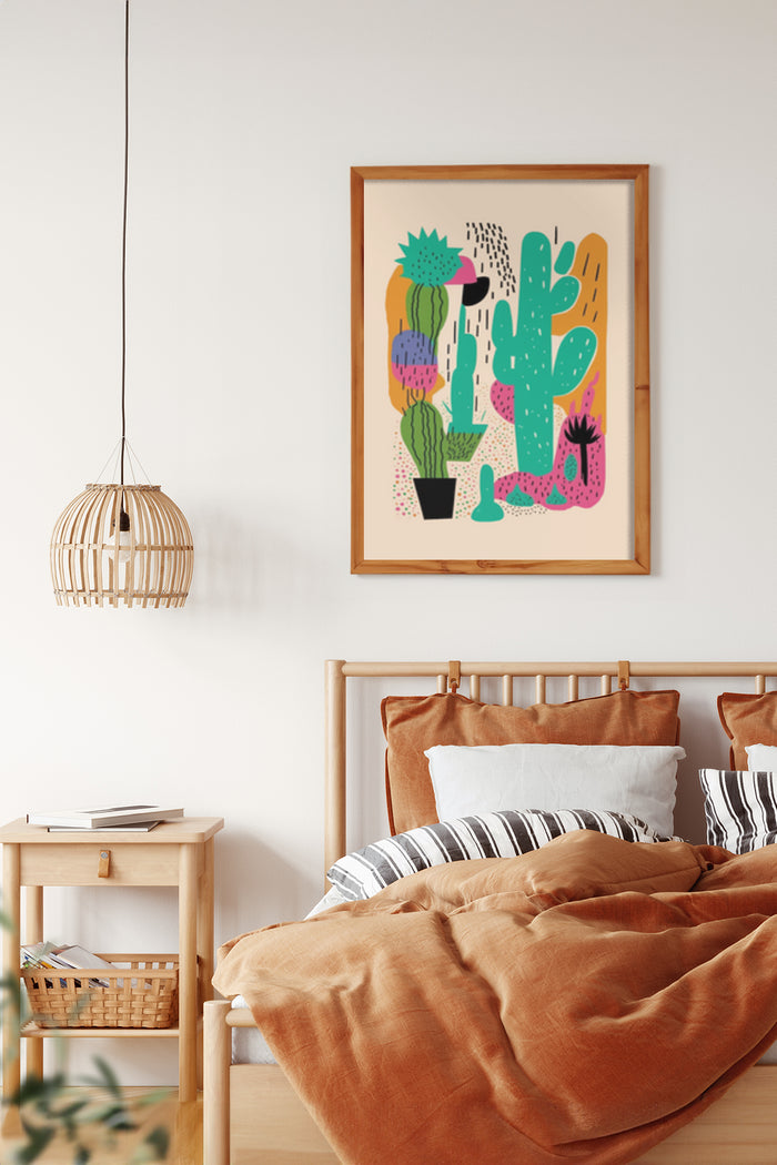 Colorful cactus artwork in a modern, warm-toned bedroom setting