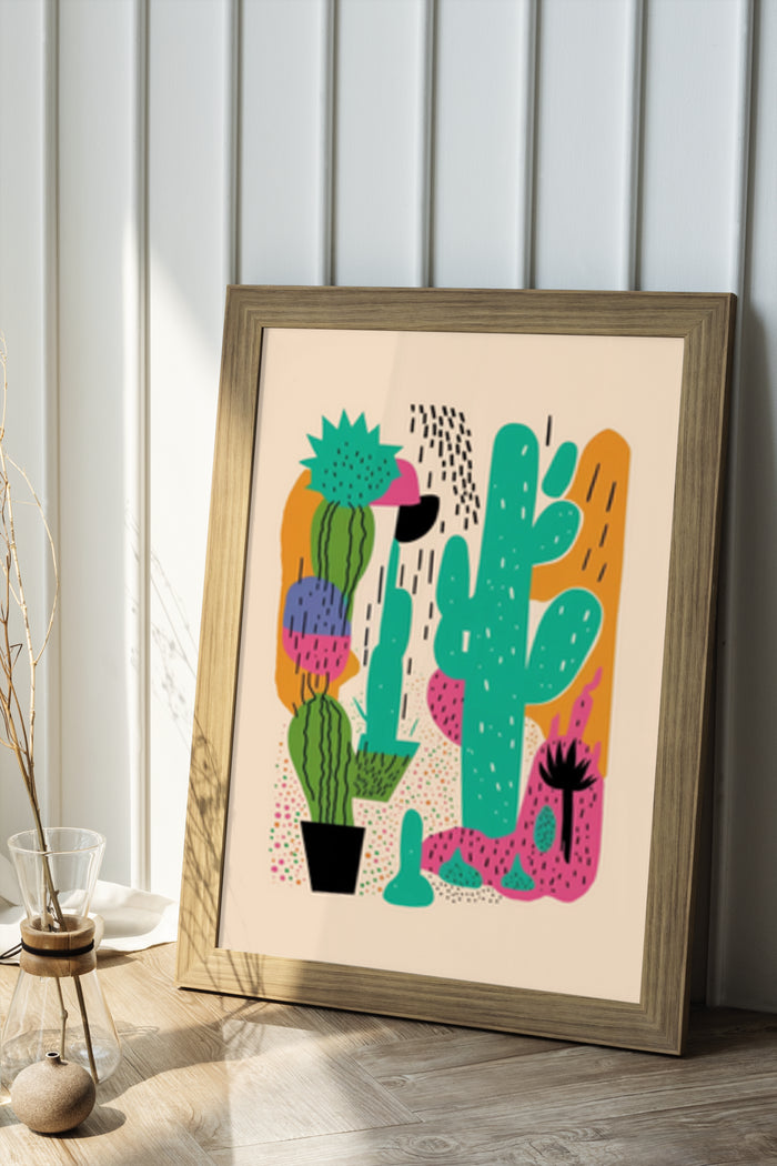Colorful abstract cactus poster framed on a wood floor against a paneled wall, modern home interior decoration