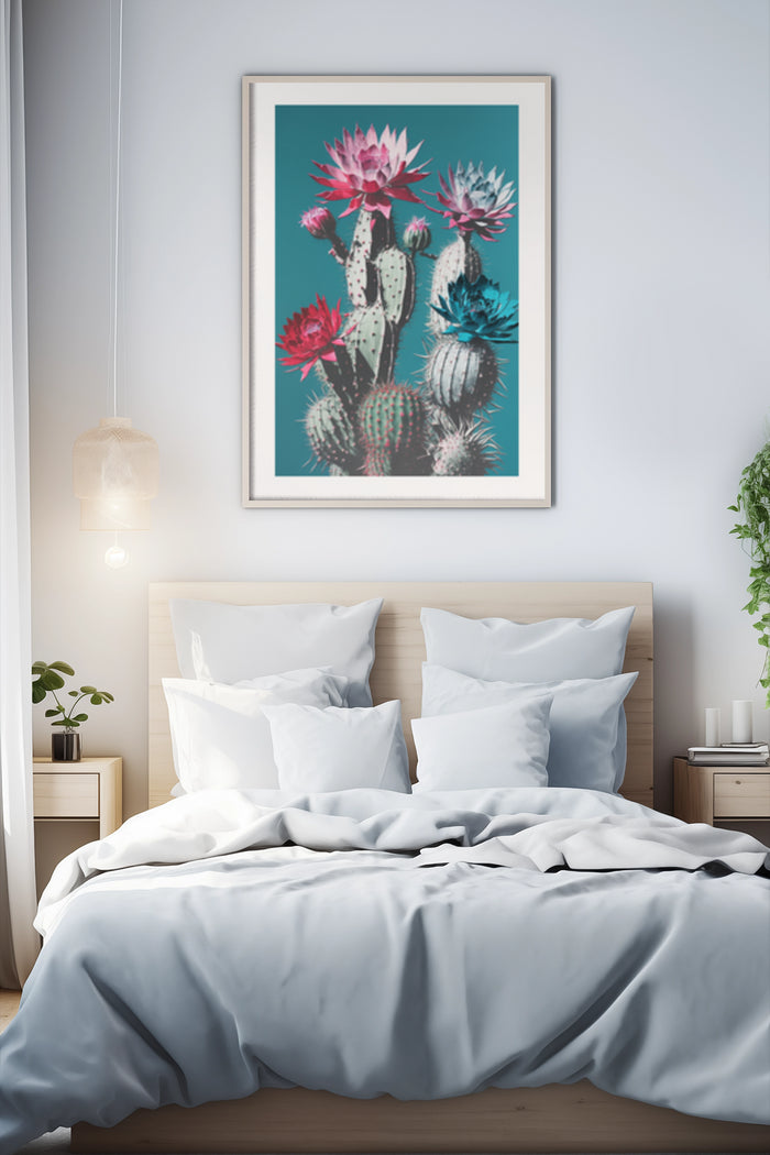 Vibrant cactus floral poster framed on a bedroom wall above a bed with white linens