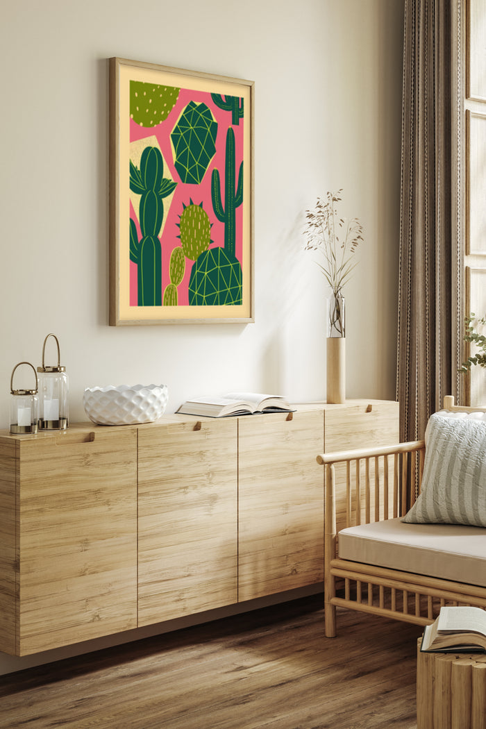 Stylish interior with framed colorful cactus artwork on the wall