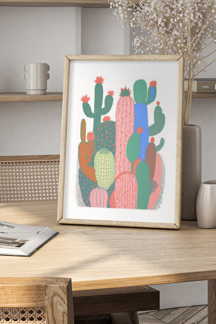 Colorful illustrated cactus poster in a wooden frame for modern home interior decor