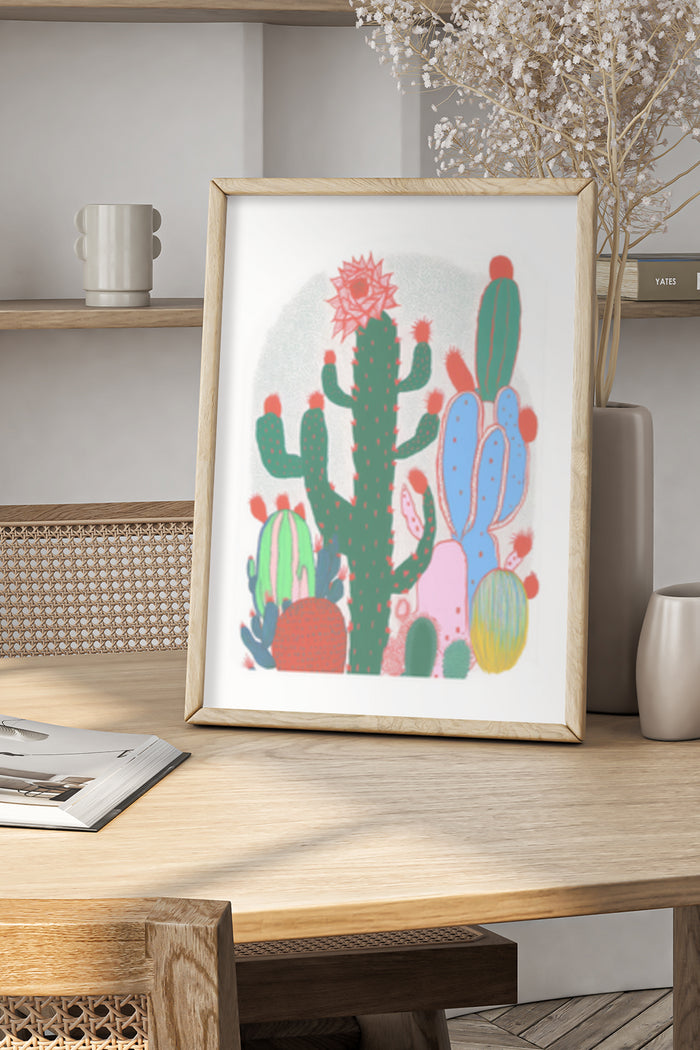 Colorful illustrated cactus poster in a modern home setting