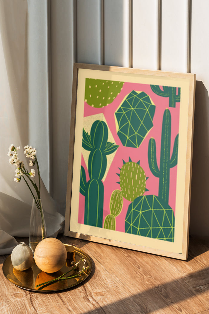 Colorful Cactus Illustration Poster in a Modern Home Interior