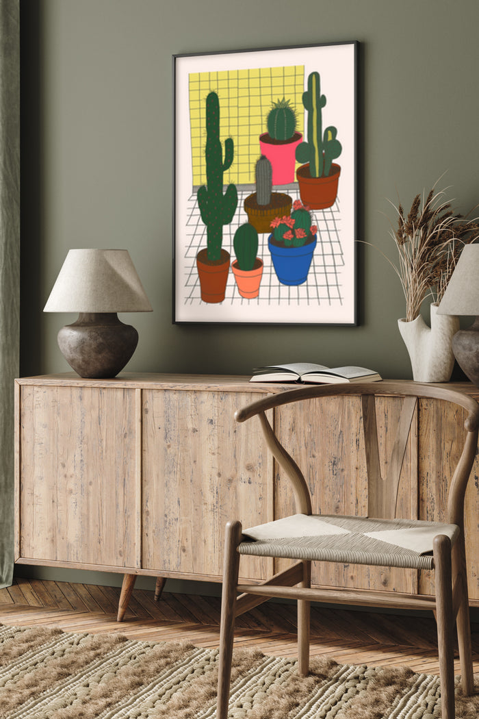 Colorful array of cactus plants in pots poster, ideal for modern living room wall art decoration