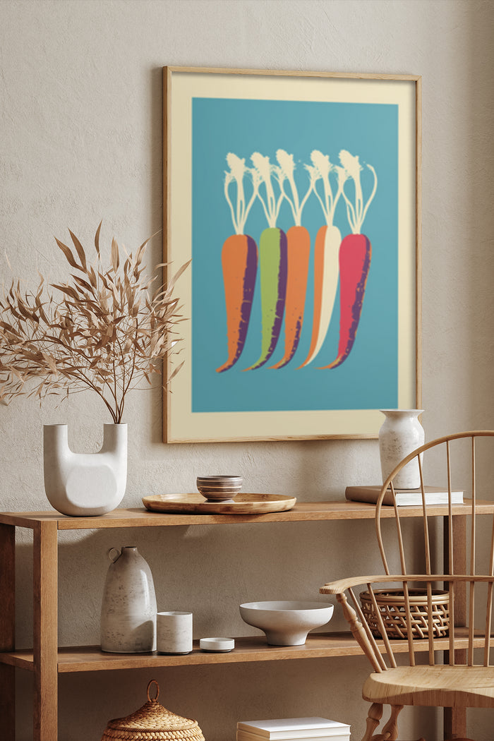 Modern colorful carrot poster in kitchen setting for contemporary wall art decoration