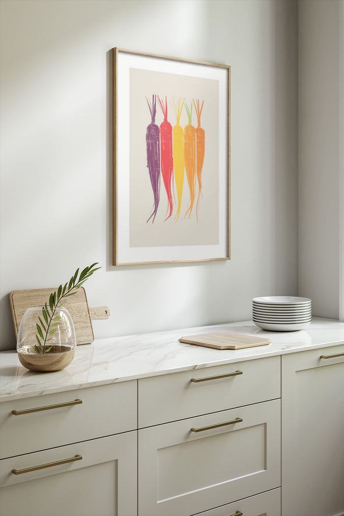 Modern kitchen with a framed poster of colorful artistic carrots