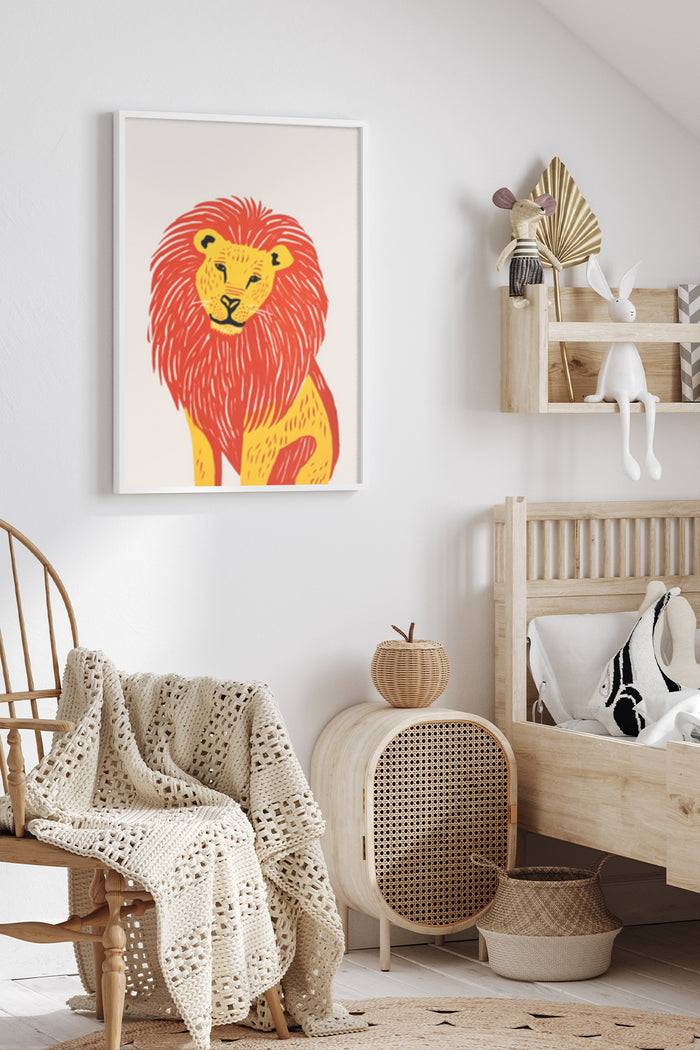 Colorful illustrated lion poster hanging on the wall in a stylish nursery room setting