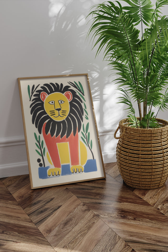 Colorful cartoon lion artwork poster in a modern home decor setting