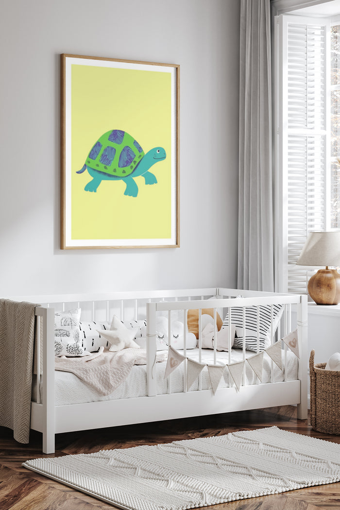 Bright yellow children's room wall art featuring a blue and green cartoon turtle illustration