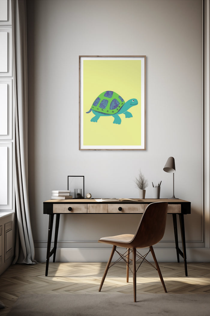 Bright yellow decorative poster featuring a cartoon turtle with purple patterns on shell in a contemporary styled room
