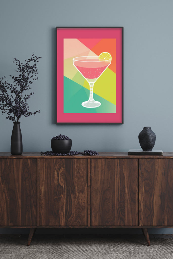 Modern colorful cocktail poster artwork hung over a wooden sideboard in a stylish bedroom setting