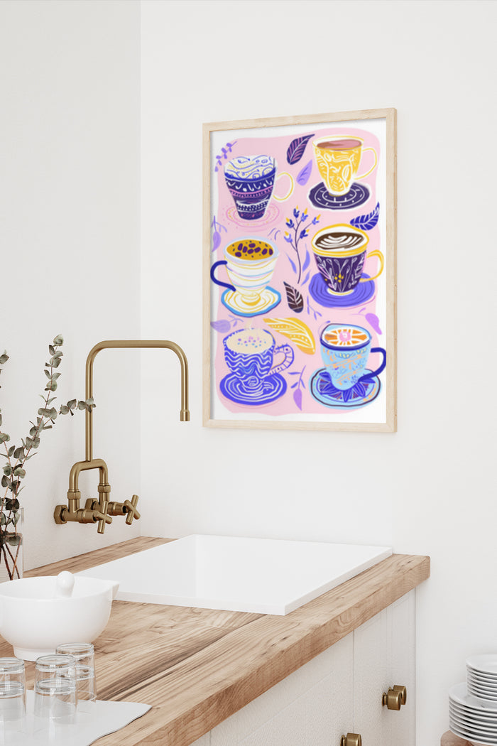Vibrant poster featuring illustrated coffee and tea cups in a modern kitchen setting