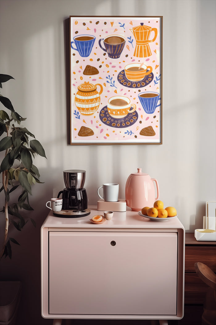 Colorful coffee and tea cup poster art in a modern kitchen setting