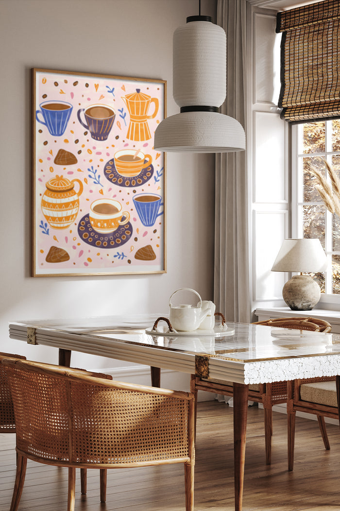 Colorful coffee and tea themed poster displayed in a modern dining room with natural lighting