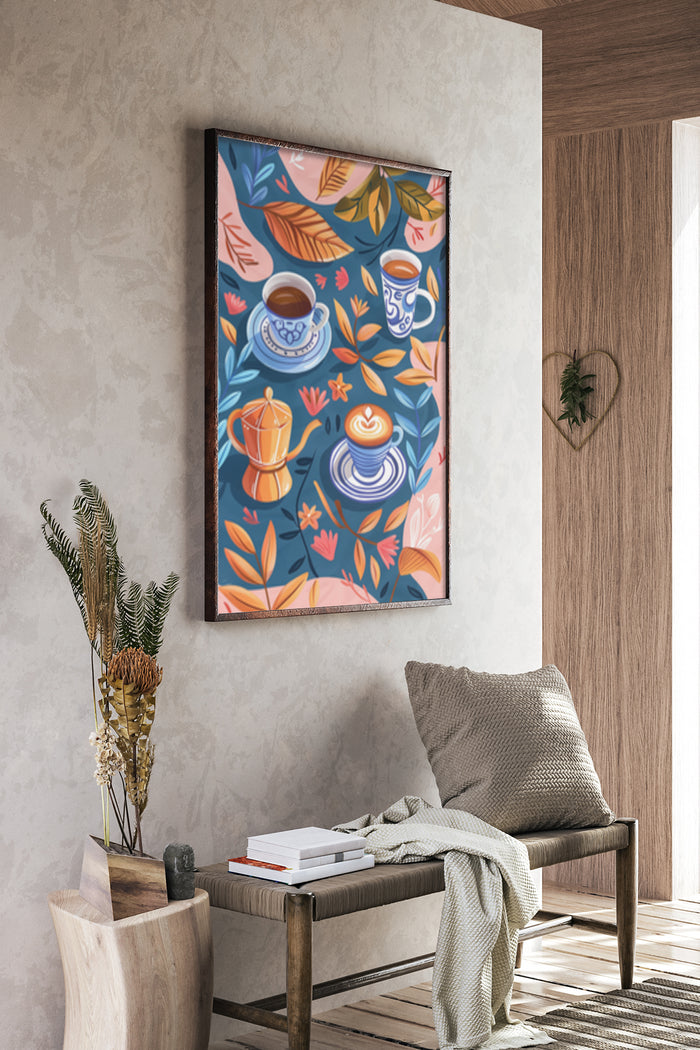 Vibrant coffee and tea cups with floral designs poster in a stylish interior