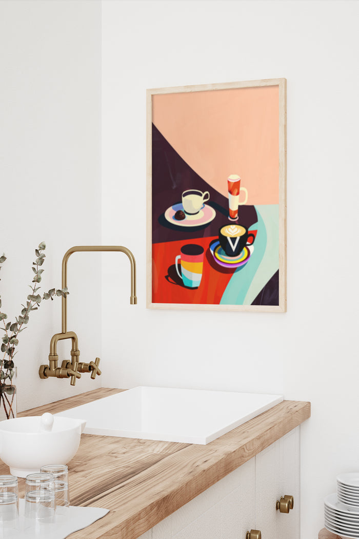 Colorful Coffee Cups and Espresso Art Poster in Modern Kitchen