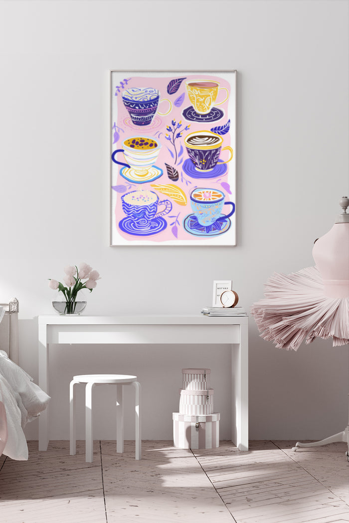 Colorful stylized coffee cups poster in modern interior design setting