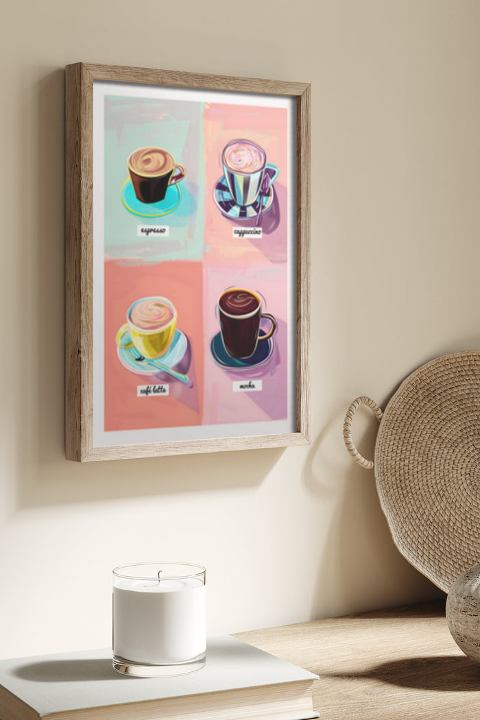 Framed wall art of colorful poster with different types of coffee illustrations including espresso, cappuccino, café latte, and mocha