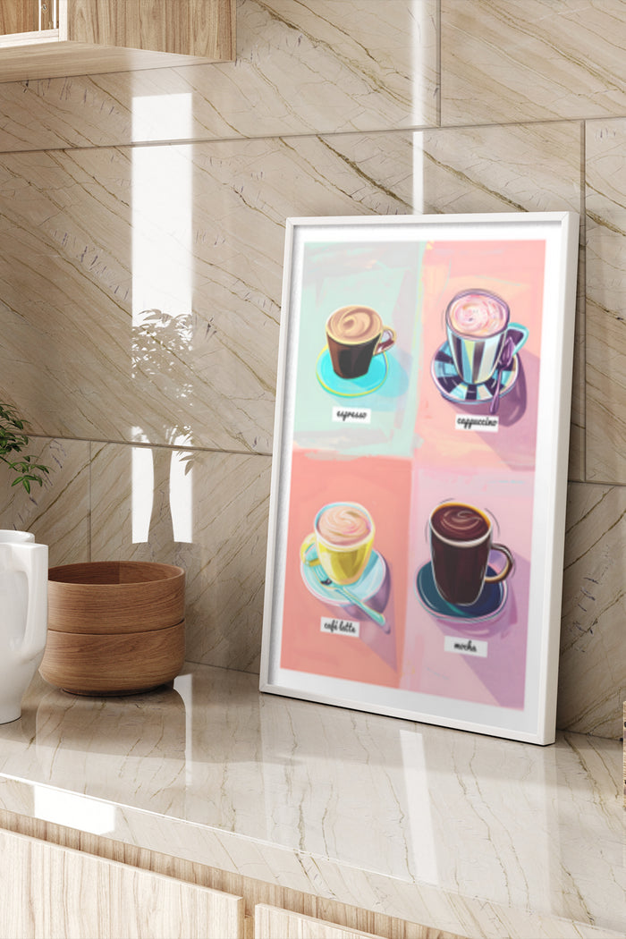 Espresso, cappuccino, latte, and mocha coffee illustrations in a modern kitchen poster