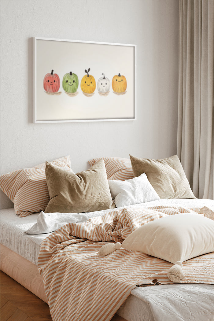 Whimsical Colorful Fruit Characters Art Poster Displayed Above Bed