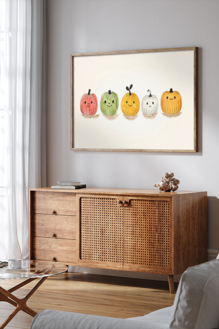 Colorful smiling pumpkin illustrations artwork in a modern living room setting