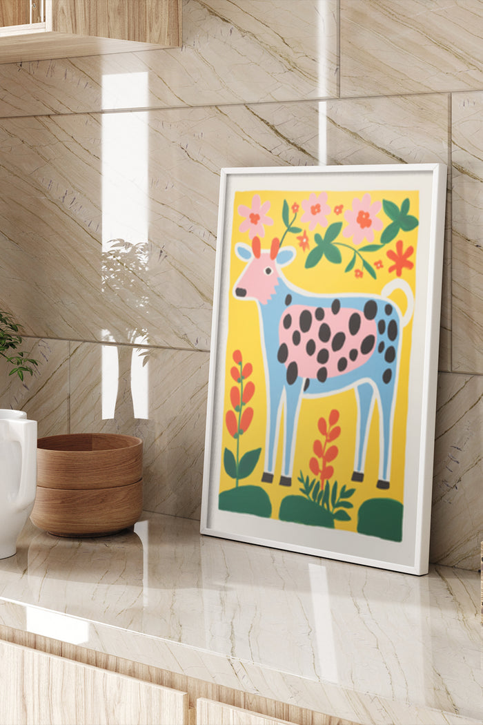 Colorful decorative cow poster with flowers and plants illustration in modern interior setting