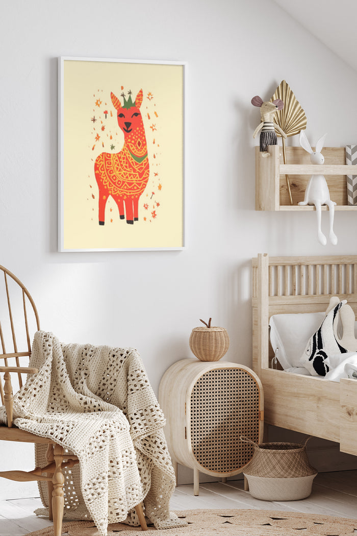 Colorful decorative llama artwork poster mounted on a wall in a stylish modern nursery room interior