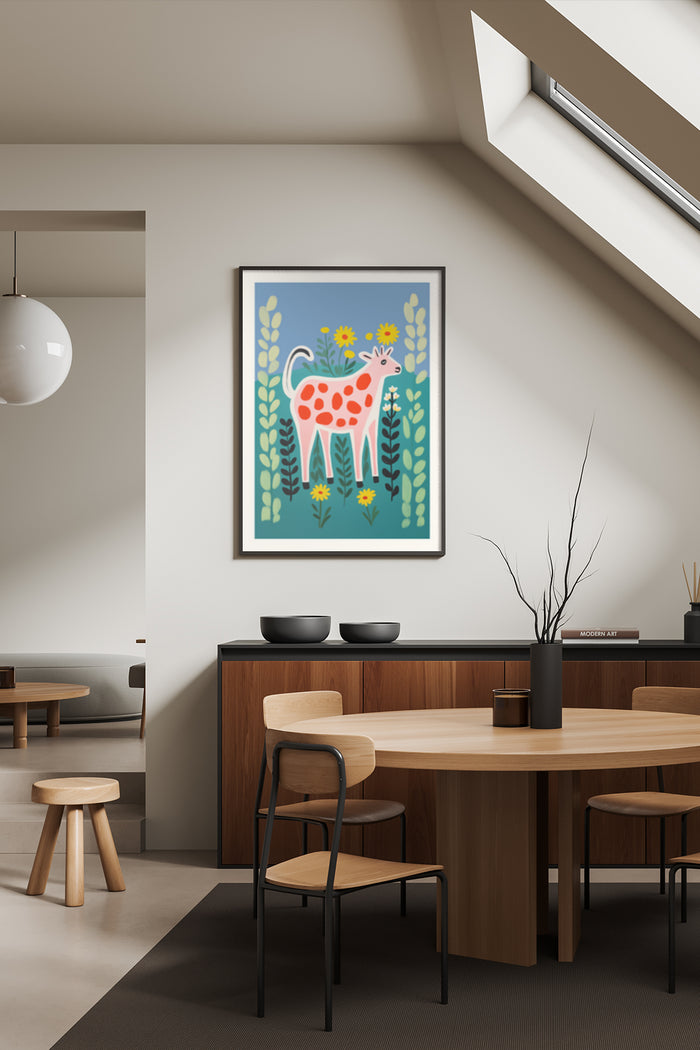 Modern colorful deer illustration poster framed on a wall in a contemporary styled dining room