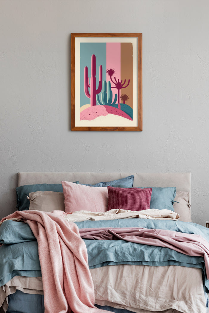 Stylish bedroom interior with colorful desert cactus illustration artwork poster hanging above the bed