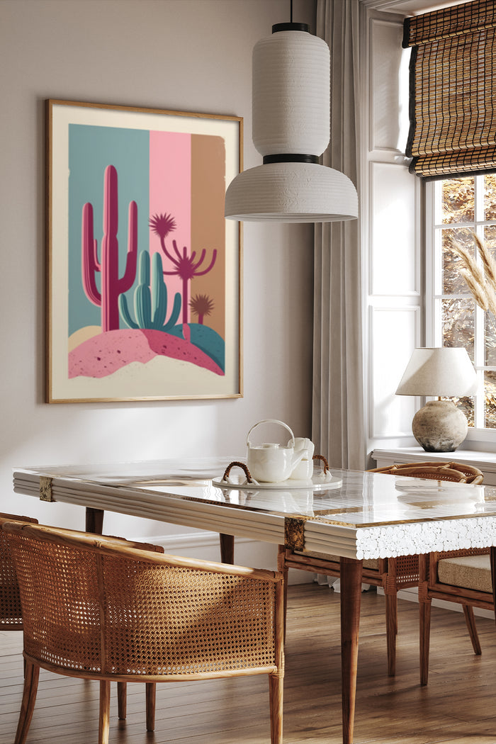 Colorful abstract desert cactus illustration poster in modern dining room interior