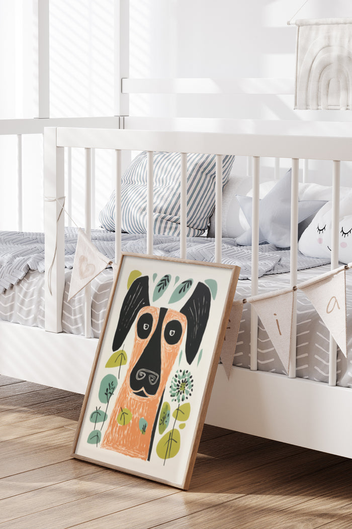 Colorful dog illustration poster in a nursery room setting