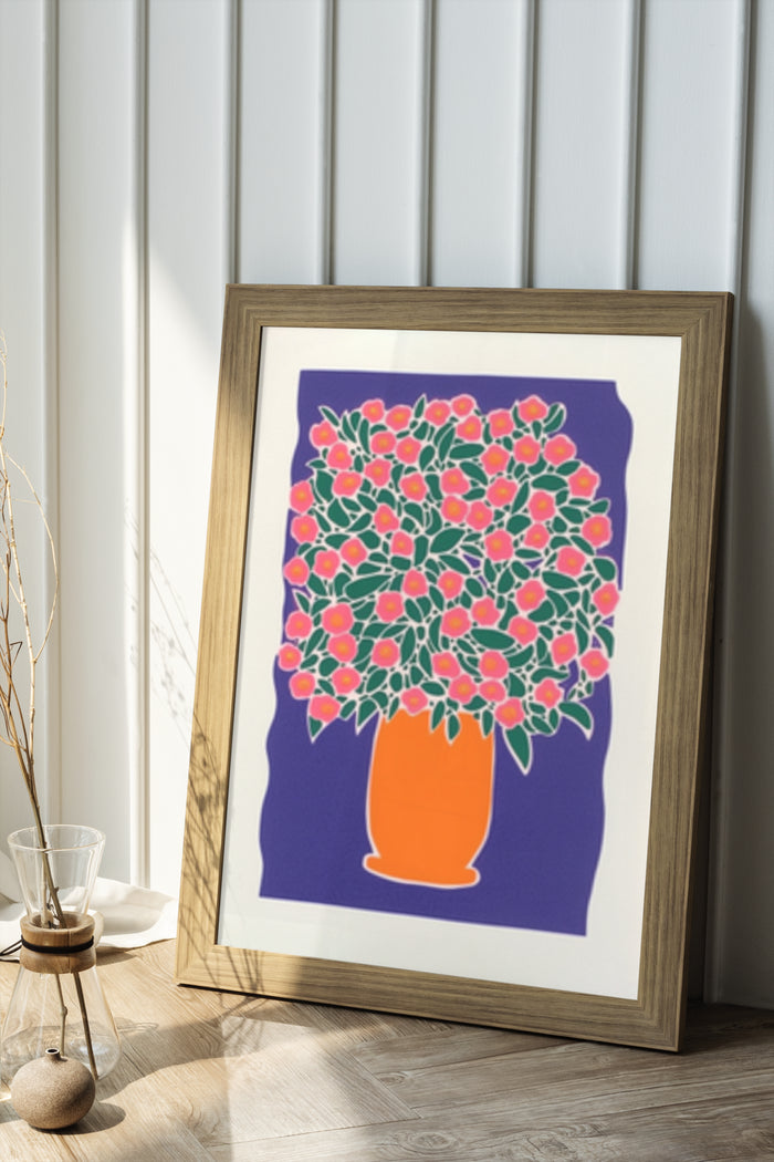 Colorful stylized floral poster art in wooden frame leaning against wall
