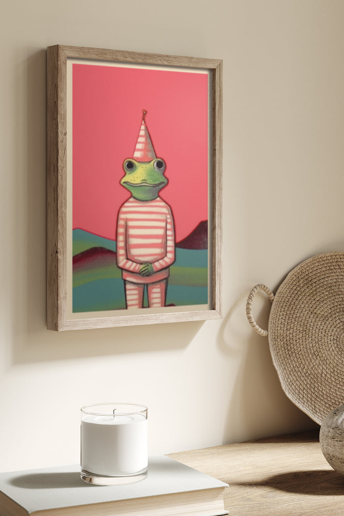 Wall art featuring a colorful illustrated frog in a party hat on a bold red background, displayed in a natural wooden frame