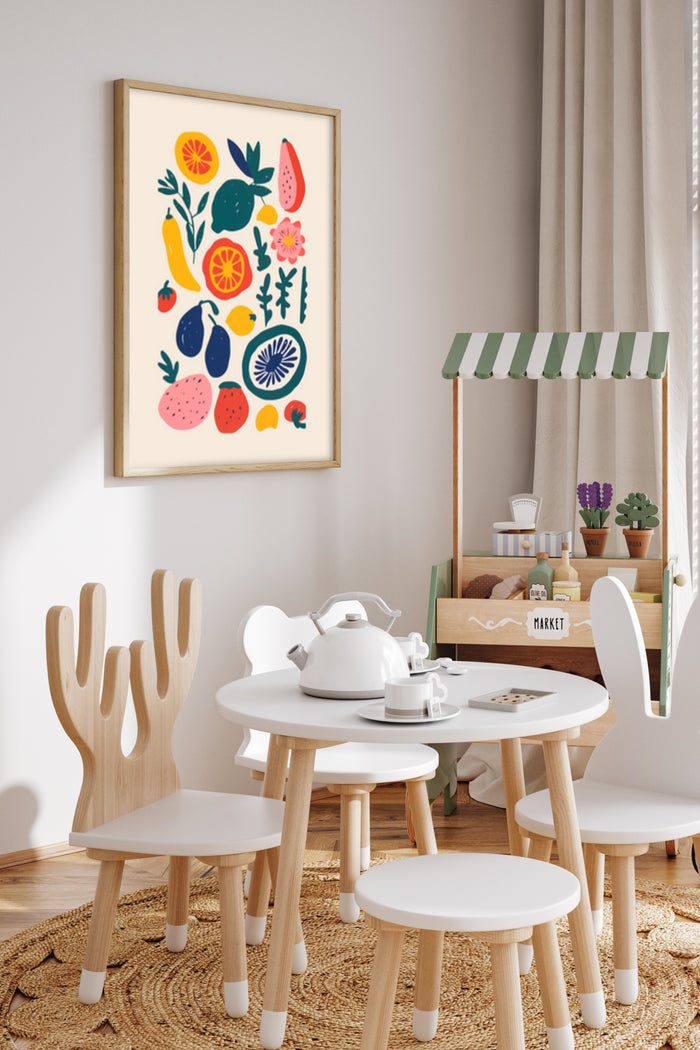 Colorful illustrated poster of fruits and vegetables in a stylish children's playroom with a miniature market stall and wooden furniture