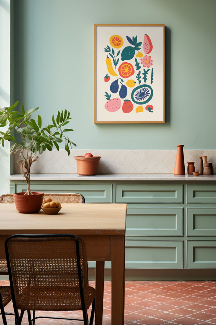 Colorful abstract fruit and vegetable poster artwork in a stylish dining room setting